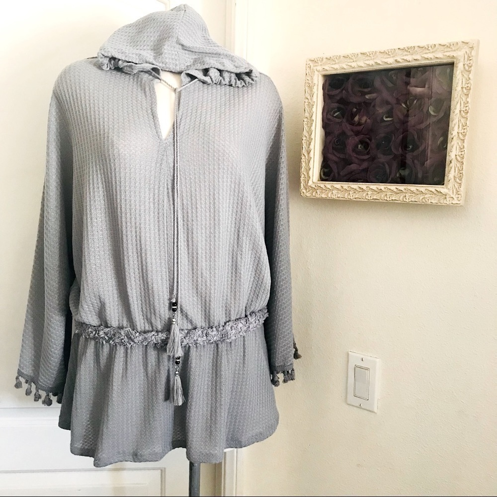 Gray Waffle Knit Hooded Tunic Cinched Tassel Waist XL